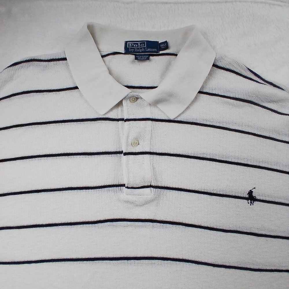 Polo Ralph‎ Lauren Mens 3XLT Tall White Navy Blue Striped Waffle Knit Polo Shirt